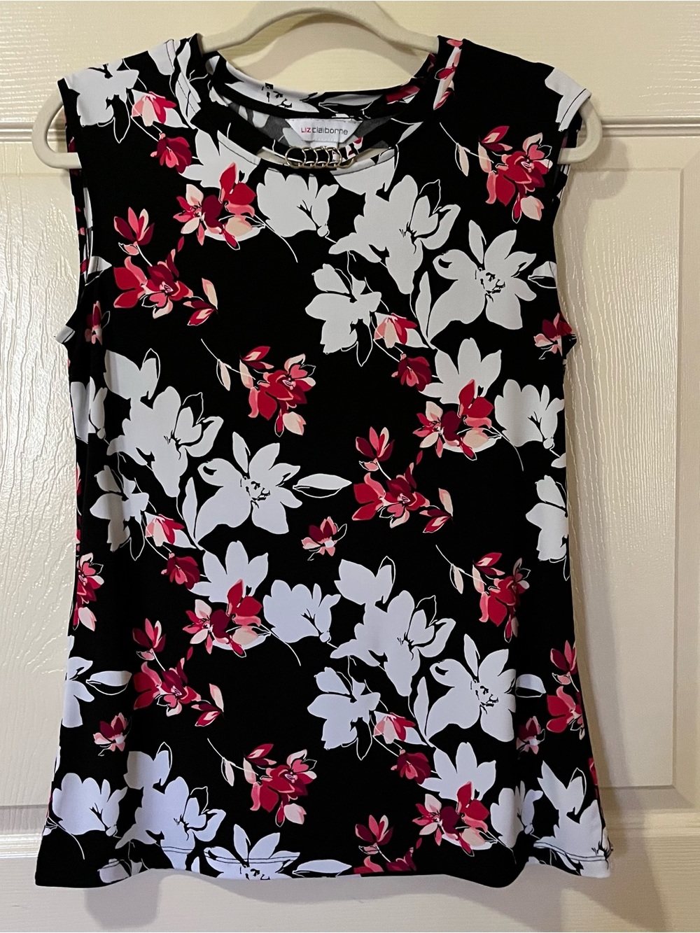 Liz Claiborne Black Floral Tank Top with Pink & White Flower Blooms Size S